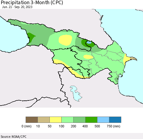 Azerbaijan, Armenia and Georgia Precipitation 3-Month (CPC) Thematic Map For 6/21/2023 - 9/20/2023