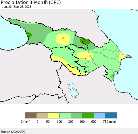 Azerbaijan, Armenia and Georgia Precipitation 3-Month (CPC) Thematic Map For 6/26/2023 - 9/25/2023