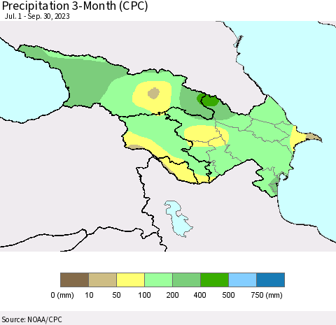 Azerbaijan, Armenia and Georgia Precipitation 3-Month (CPC) Thematic Map For 7/1/2023 - 9/30/2023