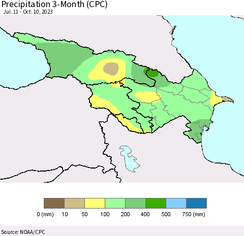 Azerbaijan, Armenia and Georgia Precipitation 3-Month (CPC) Thematic Map For 7/11/2023 - 10/10/2023