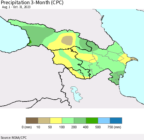Azerbaijan, Armenia and Georgia Precipitation 3-Month (CPC) Thematic Map For 8/1/2023 - 10/31/2023
