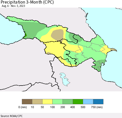 Azerbaijan, Armenia and Georgia Precipitation 3-Month (CPC) Thematic Map For 8/6/2023 - 11/5/2023