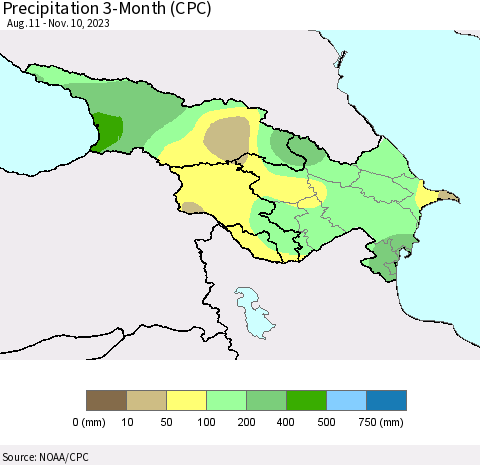 Azerbaijan, Armenia and Georgia Precipitation 3-Month (CPC) Thematic Map For 8/11/2023 - 11/10/2023