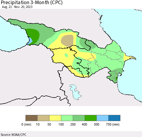 Azerbaijan, Armenia and Georgia Precipitation 3-Month (CPC) Thematic Map For 8/21/2023 - 11/20/2023