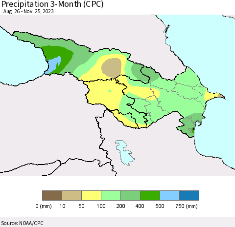 Azerbaijan, Armenia and Georgia Precipitation 3-Month (CPC) Thematic Map For 8/26/2023 - 11/25/2023