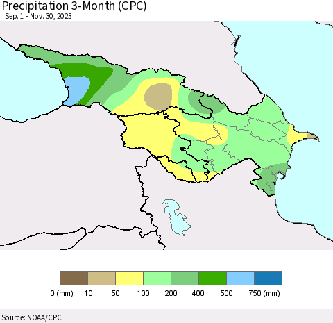 Azerbaijan, Armenia and Georgia Precipitation 3-Month (CPC) Thematic Map For 9/1/2023 - 11/30/2023