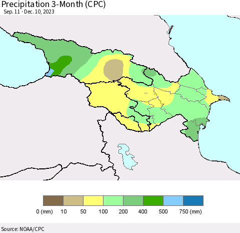 Azerbaijan, Armenia and Georgia Precipitation 3-Month (CPC) Thematic Map For 9/11/2023 - 12/10/2023