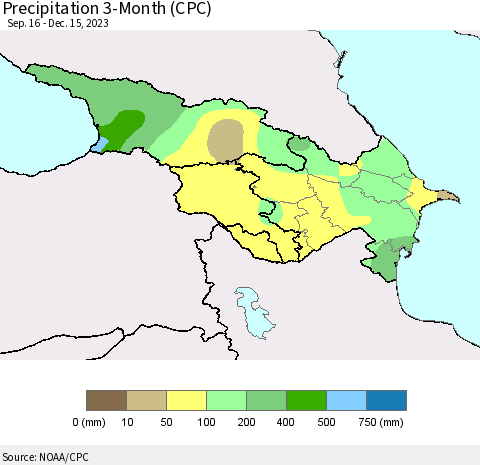 Azerbaijan, Armenia and Georgia Precipitation 3-Month (CPC) Thematic Map For 9/16/2023 - 12/15/2023