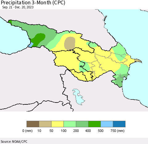 Azerbaijan, Armenia and Georgia Precipitation 3-Month (CPC) Thematic Map For 9/21/2023 - 12/20/2023