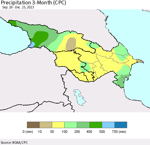 Azerbaijan, Armenia and Georgia Precipitation 3-Month (CPC) Thematic Map For 9/26/2023 - 12/25/2023