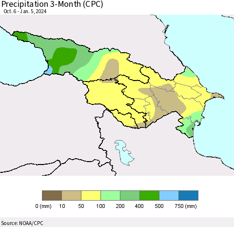 Azerbaijan, Armenia and Georgia Precipitation 3-Month (CPC) Thematic Map For 10/6/2023 - 1/5/2024