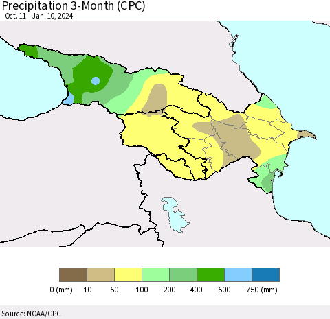 Azerbaijan, Armenia and Georgia Precipitation 3-Month (CPC) Thematic Map For 10/11/2023 - 1/10/2024