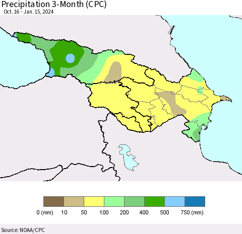 Azerbaijan, Armenia and Georgia Precipitation 3-Month (CPC) Thematic Map For 10/16/2023 - 1/15/2024