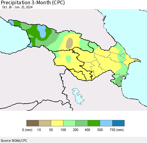 Azerbaijan, Armenia and Georgia Precipitation 3-Month (CPC) Thematic Map For 10/26/2023 - 1/25/2024