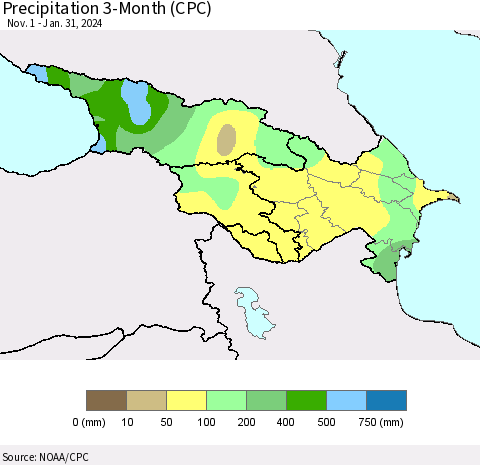 Azerbaijan, Armenia and Georgia Precipitation 3-Month (CPC) Thematic Map For 11/1/2023 - 1/31/2024
