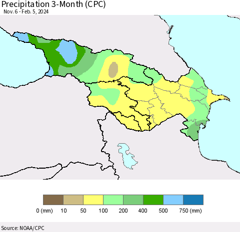 Azerbaijan, Armenia and Georgia Precipitation 3-Month (CPC) Thematic Map For 11/6/2023 - 2/5/2024