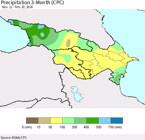 Azerbaijan, Armenia and Georgia Precipitation 3-Month (CPC) Thematic Map For 11/21/2023 - 2/20/2024