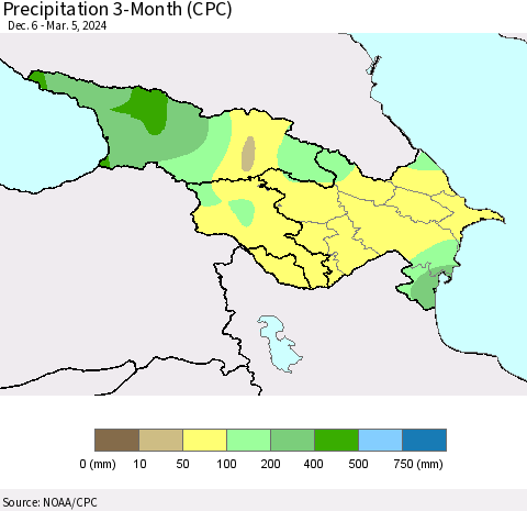 Azerbaijan, Armenia and Georgia Precipitation 3-Month (CPC) Thematic Map For 12/6/2023 - 3/5/2024