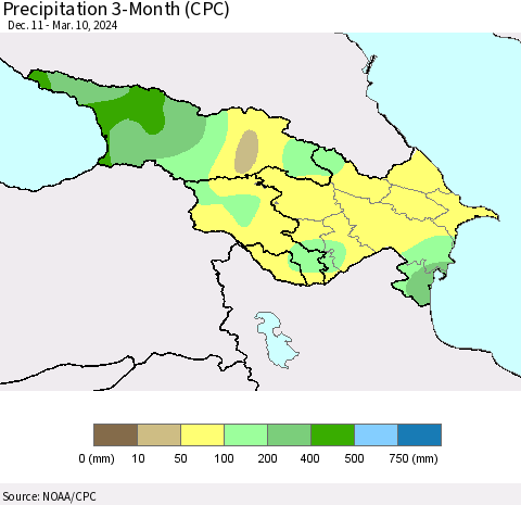 Azerbaijan, Armenia and Georgia Precipitation 3-Month (CPC) Thematic Map For 12/11/2023 - 3/10/2024