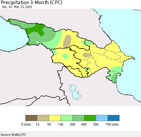 Azerbaijan, Armenia and Georgia Precipitation 3-Month (CPC) Thematic Map For 12/16/2023 - 3/15/2024