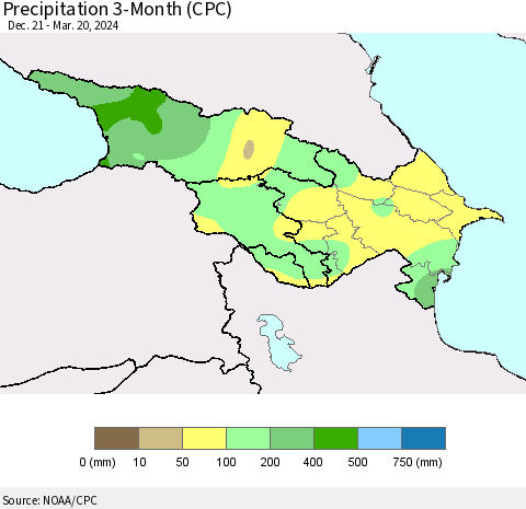 Azerbaijan, Armenia and Georgia Precipitation 3-Month (CPC) Thematic Map For 12/21/2023 - 3/20/2024