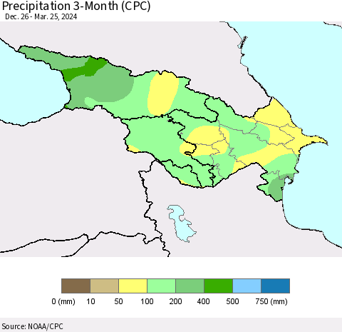 Azerbaijan, Armenia and Georgia Precipitation 3-Month (CPC) Thematic Map For 12/26/2023 - 3/25/2024