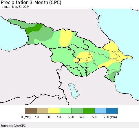Azerbaijan, Armenia and Georgia Precipitation 3-Month (CPC) Thematic Map For 1/1/2024 - 3/31/2024