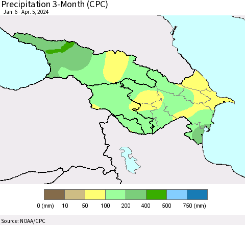Azerbaijan, Armenia and Georgia Precipitation 3-Month (CPC) Thematic Map For 1/6/2024 - 4/5/2024