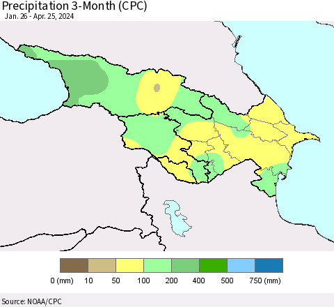 Azerbaijan, Armenia and Georgia Precipitation 3-Month (CPC) Thematic Map For 1/26/2024 - 4/25/2024