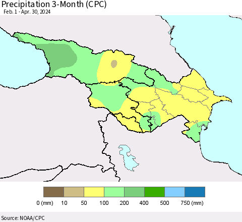 Azerbaijan, Armenia and Georgia Precipitation 3-Month (CPC) Thematic Map For 2/1/2024 - 4/30/2024