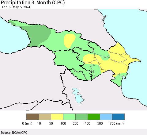 Azerbaijan, Armenia and Georgia Precipitation 3-Month (CPC) Thematic Map For 2/6/2024 - 5/5/2024