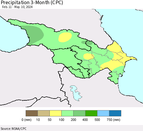 Azerbaijan, Armenia and Georgia Precipitation 3-Month (CPC) Thematic Map For 2/11/2024 - 5/10/2024