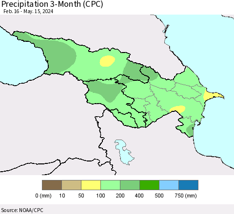 Azerbaijan, Armenia and Georgia Precipitation 3-Month (CPC) Thematic Map For 2/16/2024 - 5/15/2024