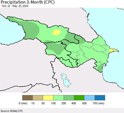 Azerbaijan, Armenia and Georgia Precipitation 3-Month (CPC) Thematic Map For 2/21/2024 - 5/20/2024