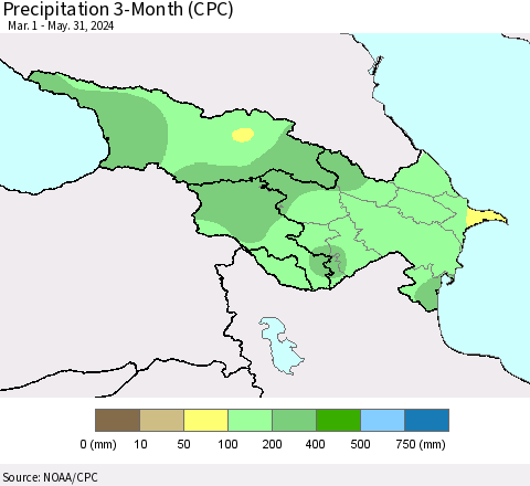 Azerbaijan, Armenia and Georgia Precipitation 3-Month (CPC) Thematic Map For 3/1/2024 - 5/31/2024