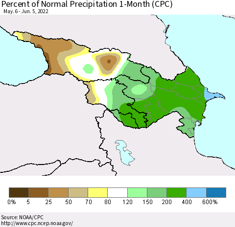 Azerbaijan, Armenia and Georgia Percent of Normal Precipitation 1-Month (CPC) Thematic Map For 5/6/2022 - 6/5/2022