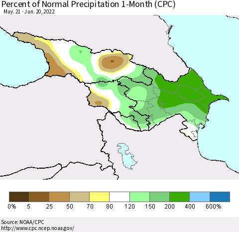 Azerbaijan, Armenia and Georgia Percent of Normal Precipitation 1-Month (CPC) Thematic Map For 5/21/2022 - 6/20/2022