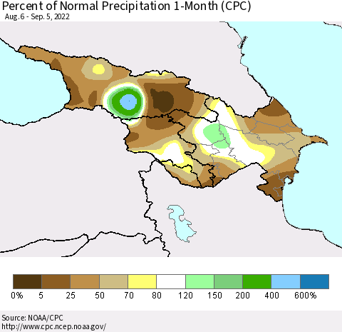 Azerbaijan, Armenia and Georgia Percent of Normal Precipitation 1-Month (CPC) Thematic Map For 8/6/2022 - 9/5/2022