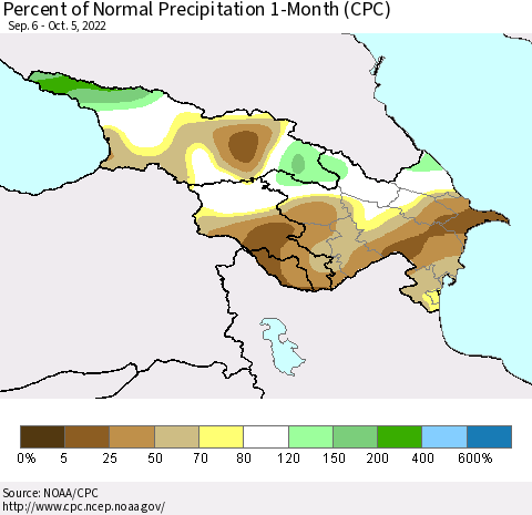 Azerbaijan, Armenia and Georgia Percent of Normal Precipitation 1-Month (CPC) Thematic Map For 9/6/2022 - 10/5/2022