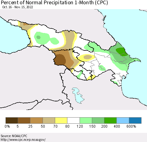 Azerbaijan, Armenia and Georgia Percent of Normal Precipitation 1-Month (CPC) Thematic Map For 10/16/2022 - 11/15/2022