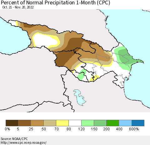 Azerbaijan, Armenia and Georgia Percent of Normal Precipitation 1-Month (CPC) Thematic Map For 10/21/2022 - 11/20/2022