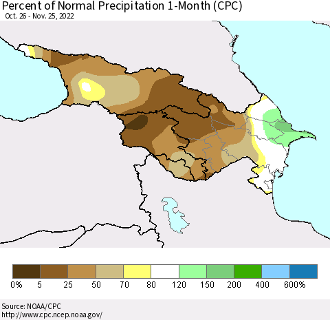 Azerbaijan, Armenia and Georgia Percent of Normal Precipitation 1-Month (CPC) Thematic Map For 10/26/2022 - 11/25/2022