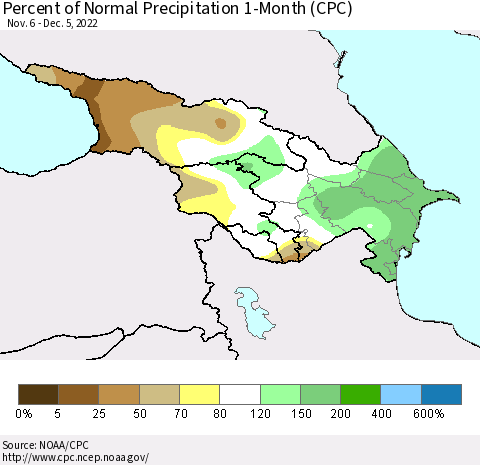 Azerbaijan, Armenia and Georgia Percent of Normal Precipitation 1-Month (CPC) Thematic Map For 11/6/2022 - 12/5/2022