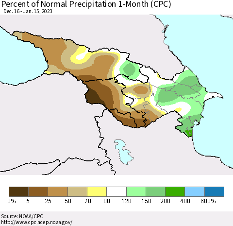 Azerbaijan, Armenia and Georgia Percent of Normal Precipitation 1-Month (CPC) Thematic Map For 12/16/2022 - 1/15/2023