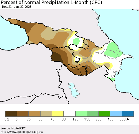 Azerbaijan, Armenia and Georgia Percent of Normal Precipitation 1-Month (CPC) Thematic Map For 12/21/2022 - 1/20/2023
