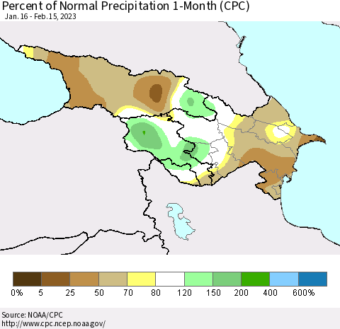 Azerbaijan, Armenia and Georgia Percent of Normal Precipitation 1-Month (CPC) Thematic Map For 1/16/2023 - 2/15/2023