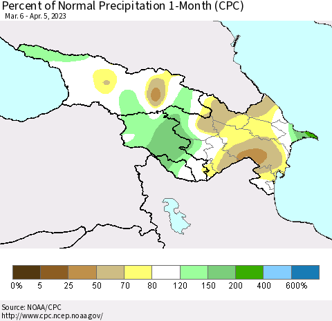 Azerbaijan, Armenia and Georgia Percent of Normal Precipitation 1-Month (CPC) Thematic Map For 3/6/2023 - 4/5/2023