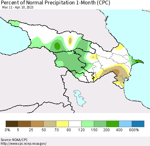 Azerbaijan, Armenia and Georgia Percent of Normal Precipitation 1-Month (CPC) Thematic Map For 3/11/2023 - 4/10/2023