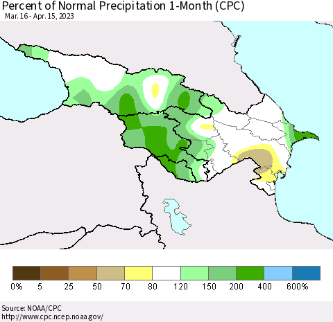 Azerbaijan, Armenia and Georgia Percent of Normal Precipitation 1-Month (CPC) Thematic Map For 3/16/2023 - 4/15/2023