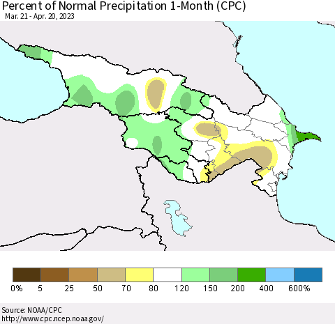 Azerbaijan, Armenia and Georgia Percent of Normal Precipitation 1-Month (CPC) Thematic Map For 3/21/2023 - 4/20/2023